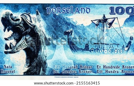 Viking, Thor Hammer, Dragon. Portrait from Norseland 100 Kronur 2016 Banknotes.  Royalty-Free Stock Photo #2155163415