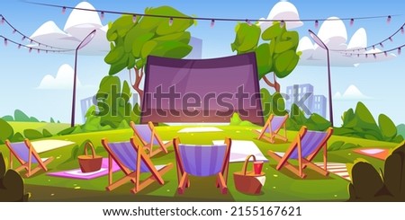 Open air cinema on green lawn in city park, garden or backyard. Vector cartoon summer landscape with empty outdoor movie theater with big screen, chaises, picnic baskets and blankets on grass Royalty-Free Stock Photo #2155167621