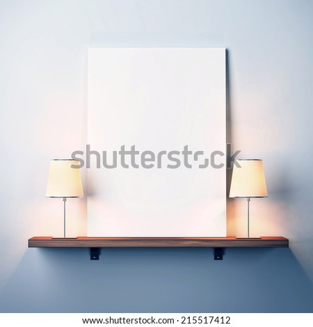 Shelf on a wall with white poster and lamps