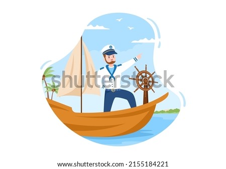 Man Cruise Ship Captain Cartoon Illustration in Sailor Uniform Riding a Ships, Looking with Binoculars or Standing on the Harbor in Flat Design Royalty-Free Stock Photo #2155184221