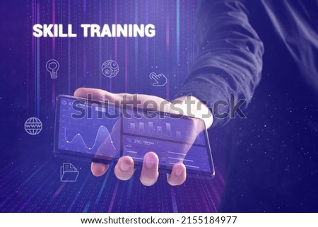 Business, technology, internet and network concept. Young businessman thinks over the steps for successful growth: Skill training