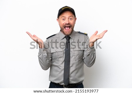 Middle age security man isolated on white background with shocked facial expression