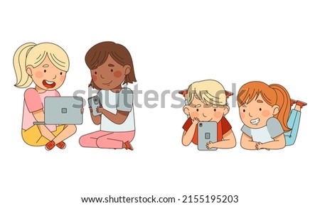 Cute kids using gadgets set. Boy and girl playing smartphone and laptop computer cartoon vector illustration