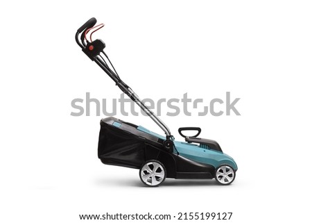 Side shot of a new lawn mower isolated on white background Royalty-Free Stock Photo #2155199127