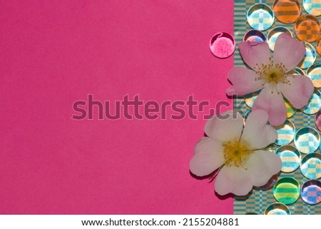 colorful retro pastel wallpaper with color-reflecting glass beads and two flower heads next to pink backgrounds as copy space, creative summer design