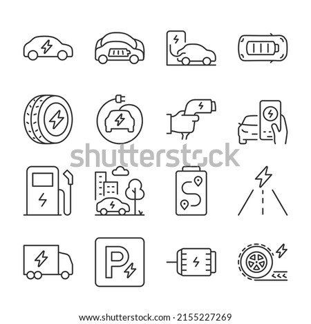 Electric car icons set.  Cars with electronic engine, charging, using, linear icon collection. Electrically-powered. Line with editable stroke