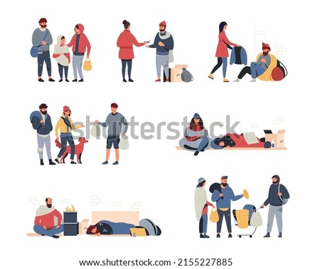Homeless people. Cartoon poor family, hungry and dirty child man and woman begging and looking for food and shelter. Vector persons of poverty set. Unemployed characters having life problems Royalty-Free Stock Photo #2155227885