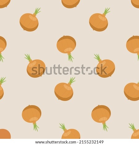 Onion vegetable root vegetable seamless pattern. Yellow bulb on a beige background for design of textiles and wrapping paper