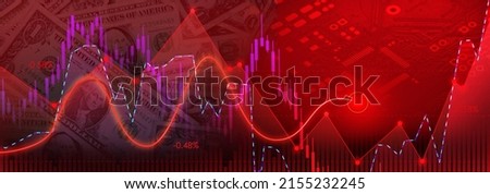 Business chart of stock market trading with a red line chart,downtrend line graph, bar chart and stock numbers on red color background 