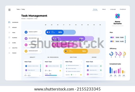 Schedule app. Task manager UI template with project timeline, time optimization and task management web app dashboard interface. Vector design of schedule ui application illustration Royalty-Free Stock Photo #2155233345