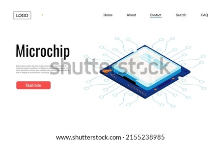 Semiconductor landing. Electronic circuit web page template with microcontroller board and electric components. Vector modern microchip website. Microchip 3d web page advertising illustration Royalty-Free Stock Photo #2155238985