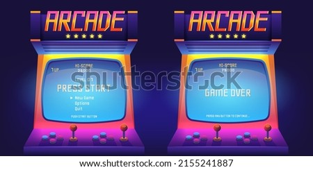 Arcade game screen. 80s retro start play and game over interface screen, vintage 1990s video gaming machine. Vector console monitor. Illustration of play screen game computer Royalty-Free Stock Photo #2155241887