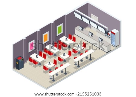 Fast Food Court. Isometric Coffee, Burgers, Salad and Pizza Place, Cafeteria, Restaurant Interior, Catering, Shopping Mall.