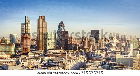 City of London one of the leading centres of global finance. This view includes Tower 42, Gherkin,Willis Building, Stock Exchange Tower, Lloyd`s of London and Canary Wharf at the background.
