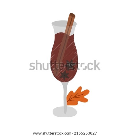 Cozy autumn clip art with seasonal drink. Glass of hot mulled wine with cinnamon, cloves and leaf. Hygge hand drawn illustration isolated on background. Can be used for fabric, sticker, scrapbooking.