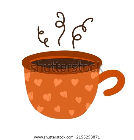 Cozy autumn clip art with seasonal drink. Cute cup of coffee with hearts and steam above mug. Hygge hand drawn illustration isolated on background. Can be used for fabric, sticker, scrapbooking.