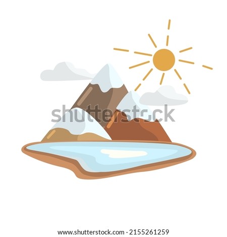 Vector landscape of a mountain range with snowy peaks and a lake on a sunny day. Illustration of three mountains in cloudy weather on a white background isolated.