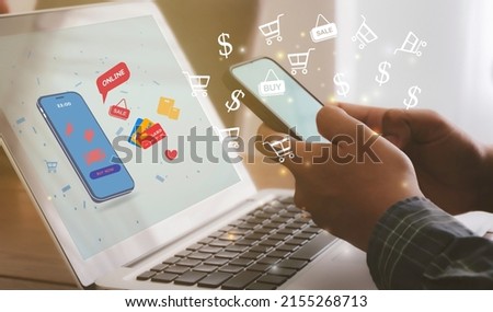 Online Shopping - Business people using smartphones, social media to shop online. Online web shopping service and home delivery service. Online shopping concept. Royalty-Free Stock Photo #2155268713