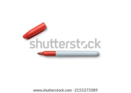 Red Permanent Marker With Cap of Flatlay Isolated on White Background Royalty-Free Stock Photo #2155273389