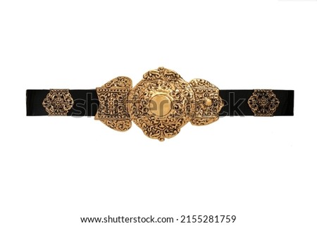 Black leather belt strap with big metal golden decorative buckle isolated on white background, female women's waistband girdle cummerbund, flat lay Royalty-Free Stock Photo #2155281759