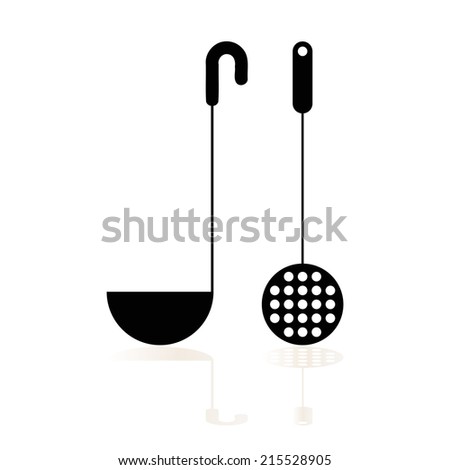 Kitchen utensils set,  serving spoons with shadow, isolated black on white background, abstract vector symbol