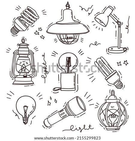 set of light bulbs and lighting devices. Cute vector illustrations