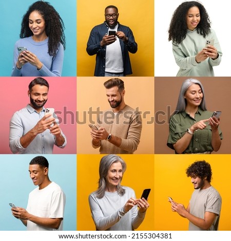 Crowded screen with diverse people using smartphone, enjoying new mobile app, chatting in social networks, spend leisure time online, web surfing by mobile phone Royalty-Free Stock Photo #2155304381