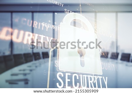 Virtual creative lock symbol and microcircuit illustration on a modern conference room background. Protection and firewall concept. Multiexposure