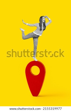 Illustration big location symbol icon sign locator marker place position point element on route graphic road mark with young girl on top isolated Royalty-Free Stock Photo #2155319977