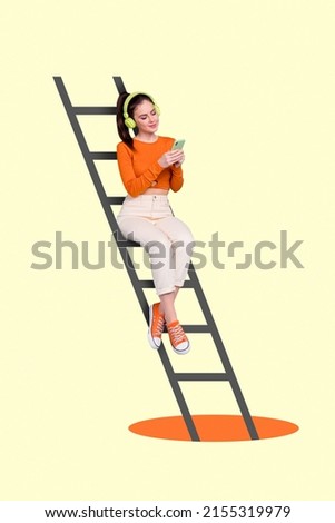 Picture poster of Youngster girl sit painted ladder using gadget telephone choose audio nice stereo quality bass rhythm meloman lifestyle over background