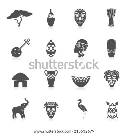 Africa jungle ethnic culture travel icons set black isolated vector illustration