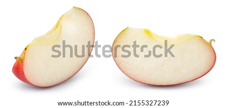 Red apple slice isolated. Cut apple on white background. Red appl piece with clipping path. Collection. Full depth of field.