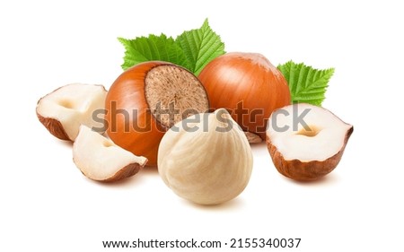 Hazelnut nuts peeled and in nutshell isolated on white background. Package design element with clipping path Royalty-Free Stock Photo #2155340037