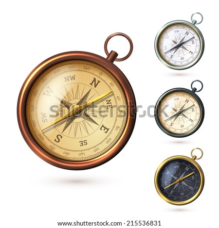Antique retro style metal  compass set isolated on white background vector illustration