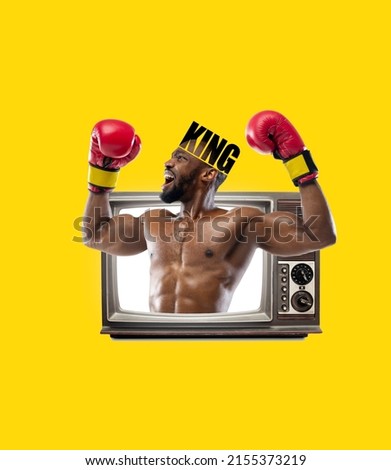 Champion. Happy strong man, boxer sticking out from retro tv set isolated on yellow background. Concept of art, surrealism, news, sales, info, discount. Contemporary art collage. Copy space for ad