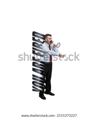 Social status. Contemporary art collage of business man shouting at meagphone isolated over white background. Concept of social issues, work, psychology, support. Copy space for ad