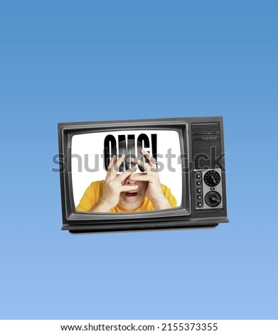 Shock, stress. Contemporary art collage. Excited man sticking out from retro tv set isolated on blue background. Concept of art, surrealism, news, sales, info, discount. Copy space for ad