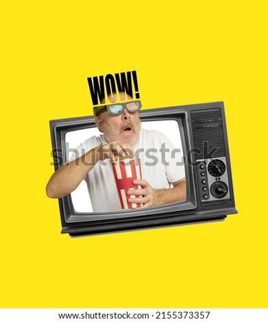 Wow emotions. Contemporary art collage. Excited man sticking out from retro tv set isolated on yellow background. Concept of art, surrealism, news, sales, info, discount. Copy space for ad