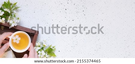 Long wide banner with hands holding cup of herbal tea on white marble background with beautiful blooming cherry branches, copy space for your design.