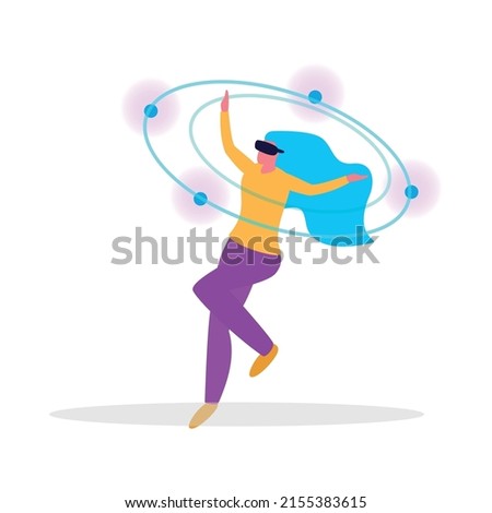 Virtual reality flat composition with human character wearing vr rig surrounded by holographic objects vector illustration