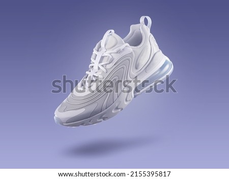 White sneaker  sport shoe on a purple gradient background, sport concept, men's fashion, sport shoe, air, sneakers, lifestyle, concept, product photo, levitation concept, street wear, trainers Royalty-Free Stock Photo #2155395817