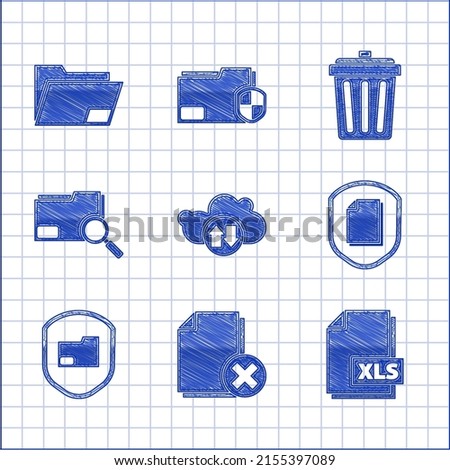 Set Cloud download and upload, Delete file document, XLS, Document protection concept, folder, Search with, Trash can and  icon. Vector