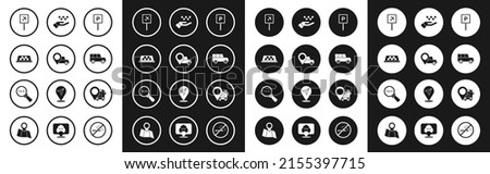Set Parking, Location with taxi, Taxi car roof, Airport, Car, Hand, bus and Magnifying glass icon. Vector