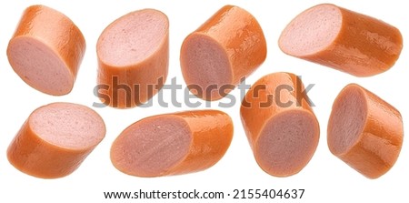 Sausage slices isolated on white background, full depth of field Royalty-Free Stock Photo #2155404637