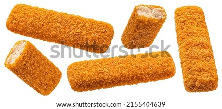 Fish fingers isolated, fishcake sticks isolated on white background