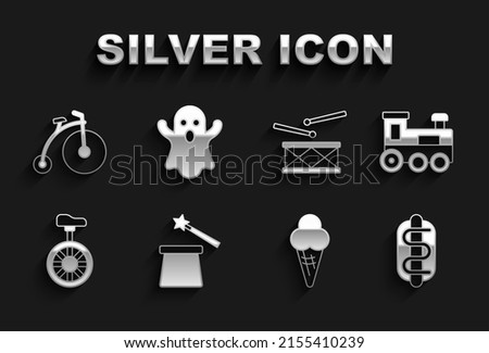 Set Magic hat and wand, Toy train, Hotdog sandwich, Ice cream waffle cone, Unicycle or wheel bicycle, Drum with drum sticks, Vintage and Ghost icon. Vector