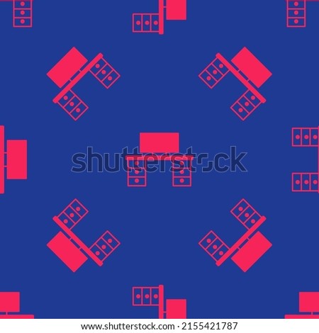 Red Office desk icon isolated seamless pattern on blue background.  Vector