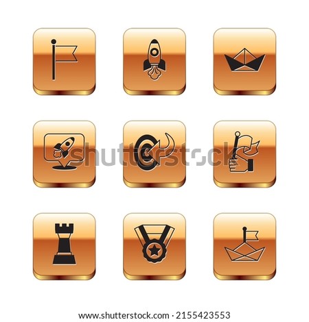 Set Flag, Chess, Medal, Target, Rocket ship, Folded paper boat,  and  icon. Vector