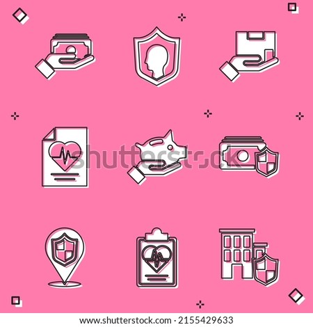 Set Stacks paper money cash, Life insurance with shield, Delivery, Health, Piggy bank, Money, Location and  icon. Vector