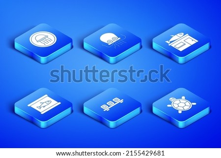 Set Turtle, Jellyfish on a plate, Sushi cutting board, Canned, Octopus and Seafood store icon. Vector
